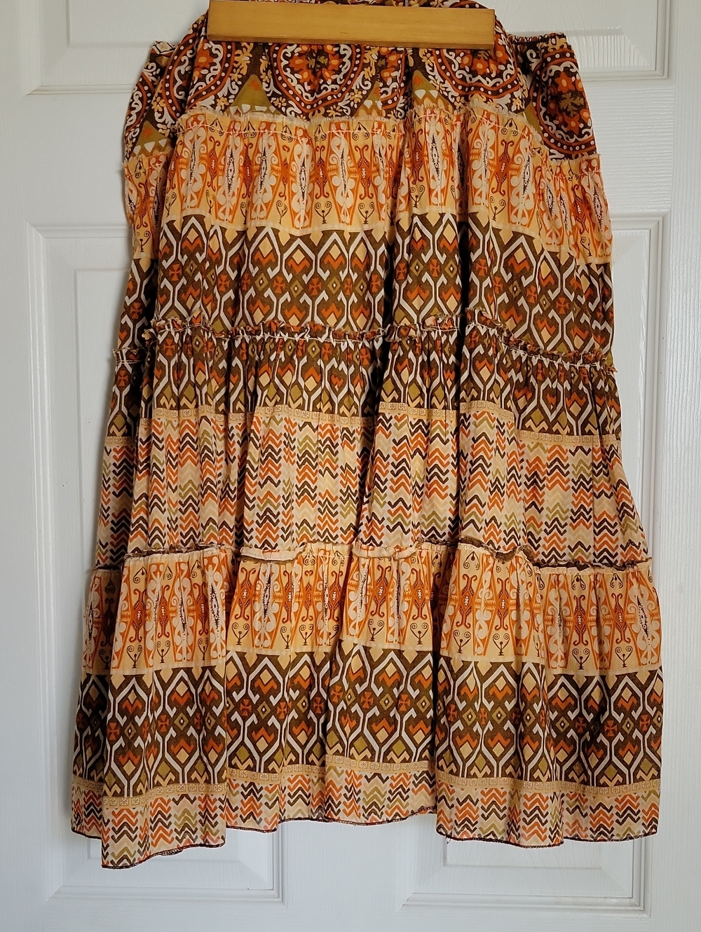 Vintage Bohemian Cotton Tiered Midi Skirt in Orange and Brown. No Tags